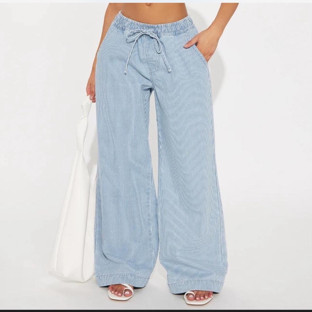 Fashion Nova Blue Striped Drawstring Pants